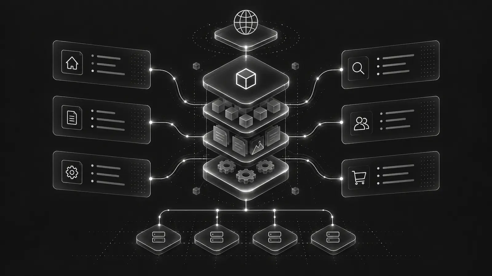 Layered debug bundle architecture connecting web, documents, search, users, commerce, and services