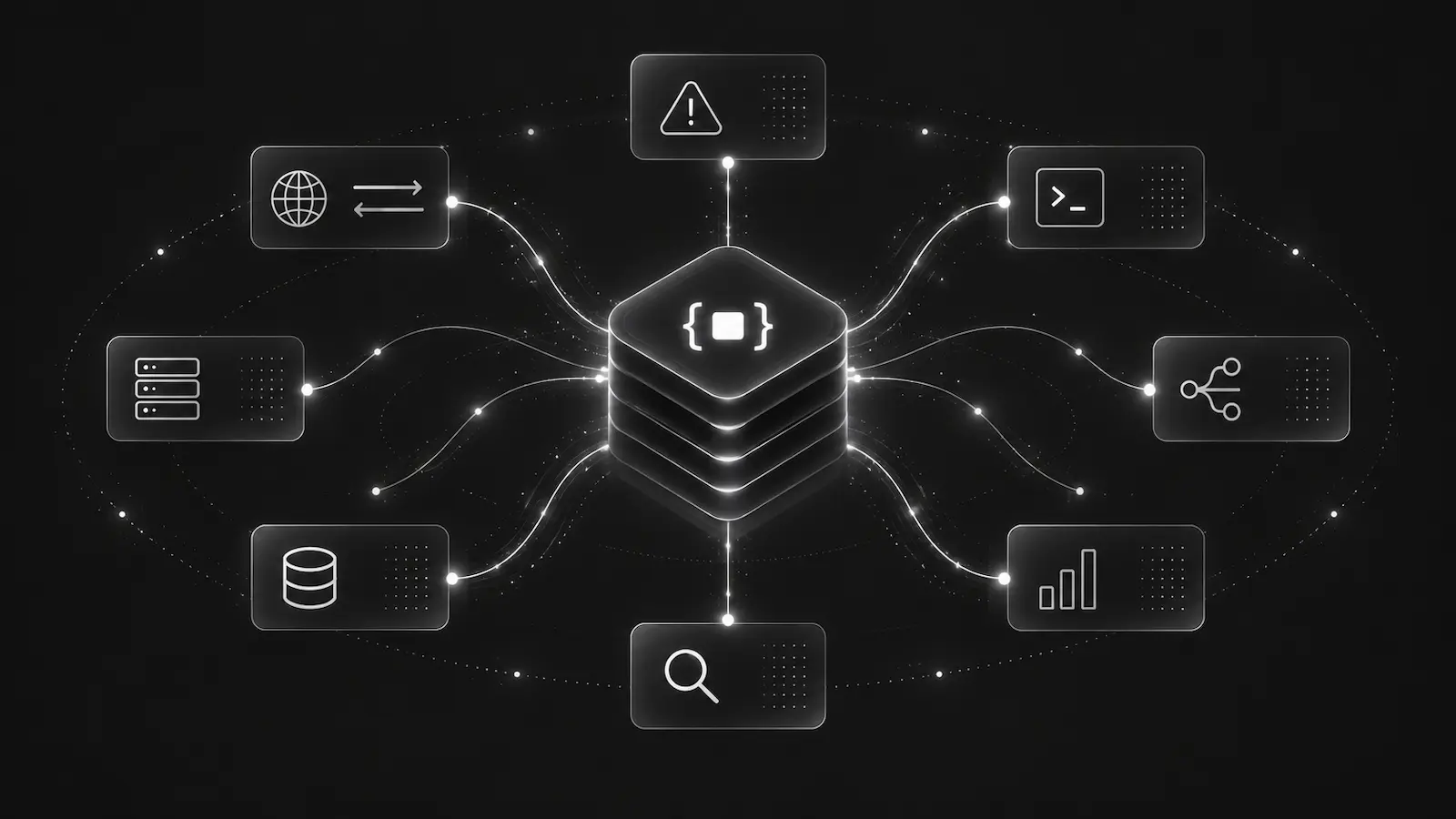 A debug bundle connecting web requests, servers, database records, alerts, terminal output, and analytics