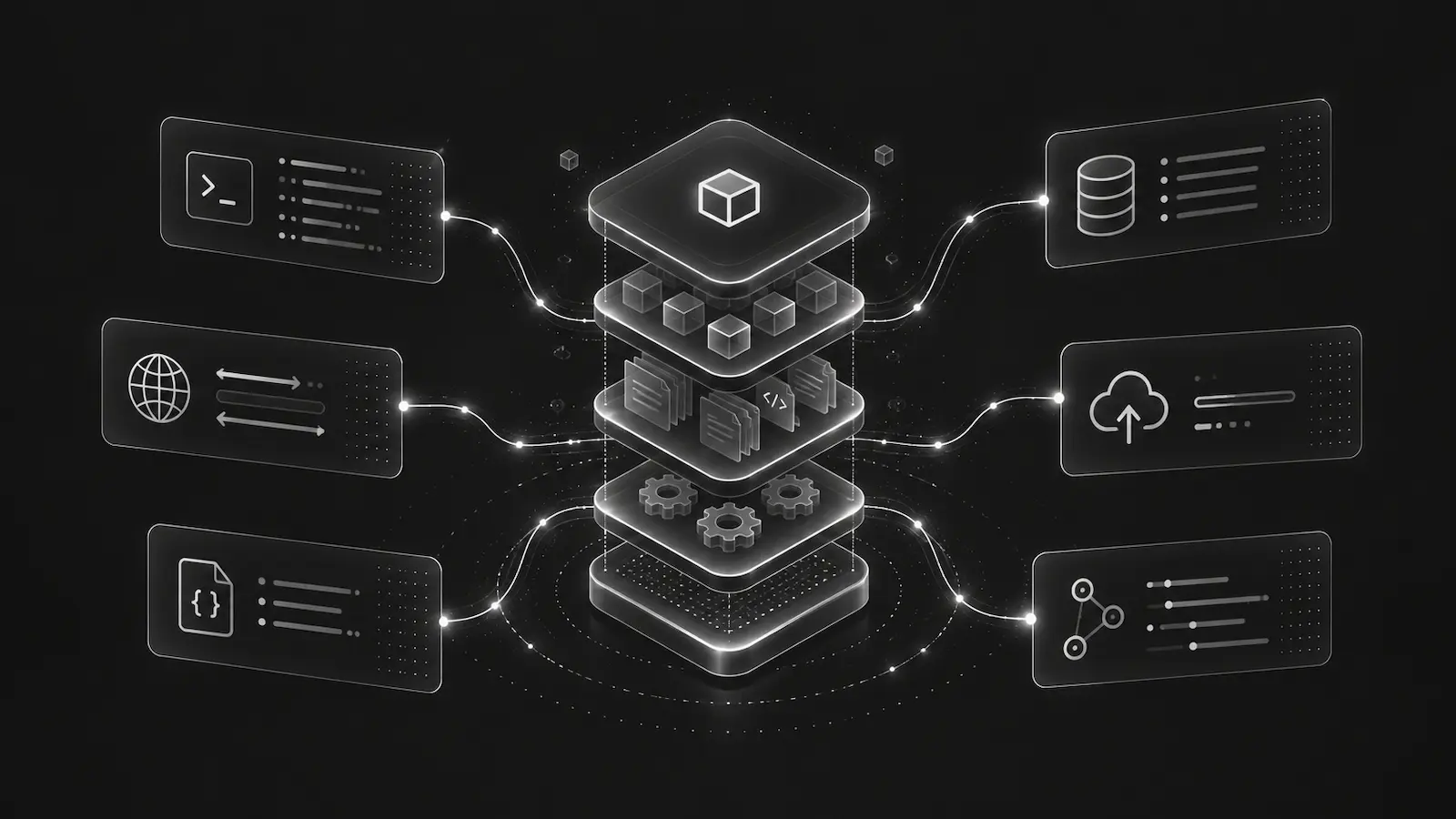 A layered debug bundle connecting terminal, network, code, database, cloud, and workflow data