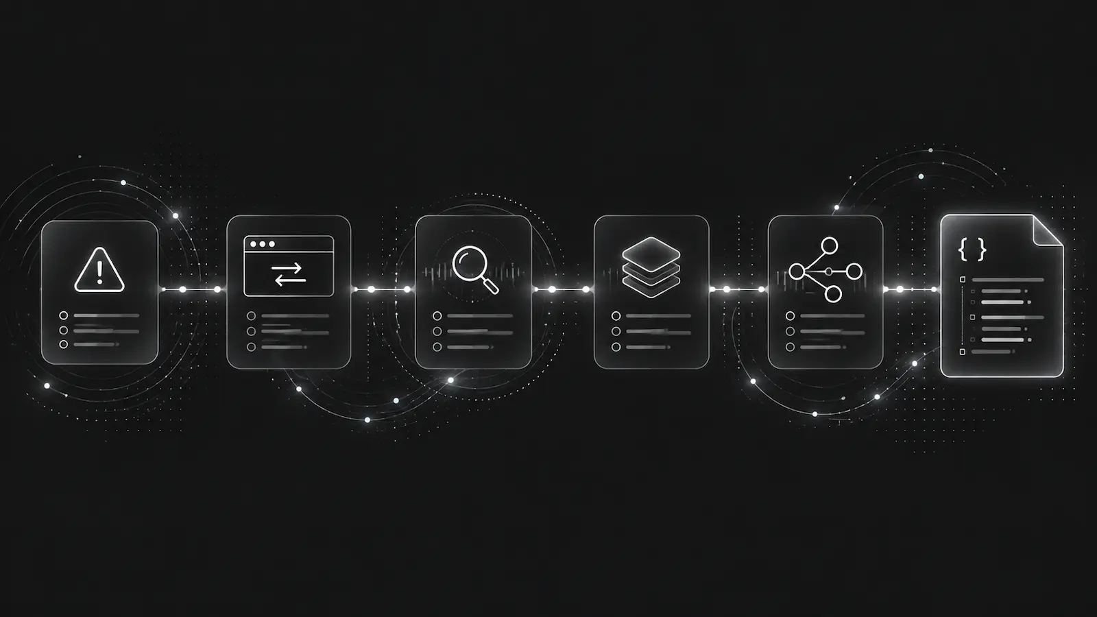 Incident investigation moving from an alert through browser activity, search, a debug bundle, and structured output