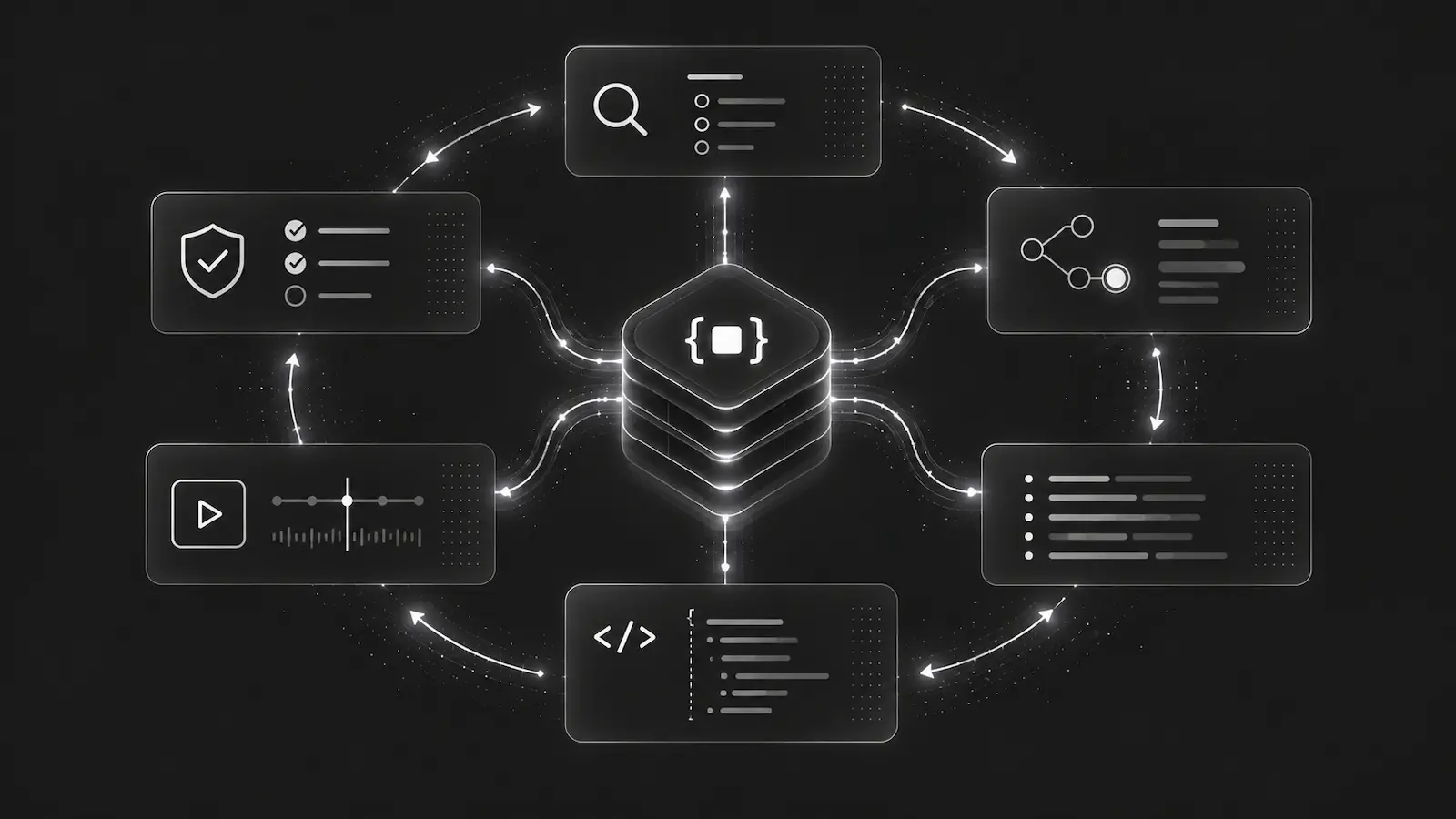 A debug bundle linking protection checks, search, event timelines, source code, and relationships