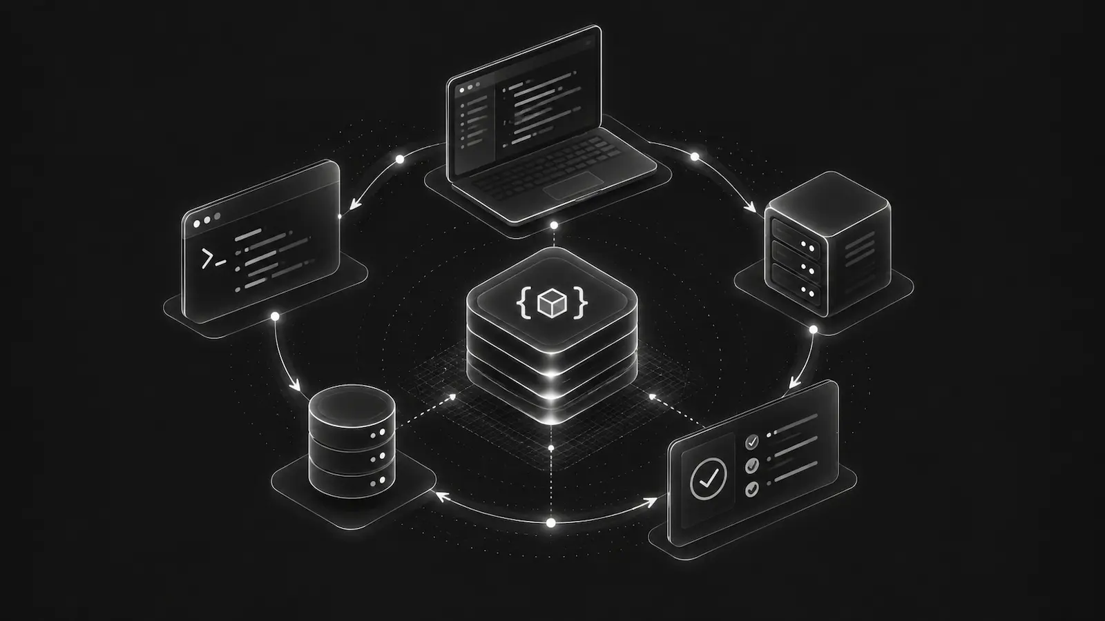 A local development setup connecting a laptop, terminal, server, database, and checks through a debug bundle