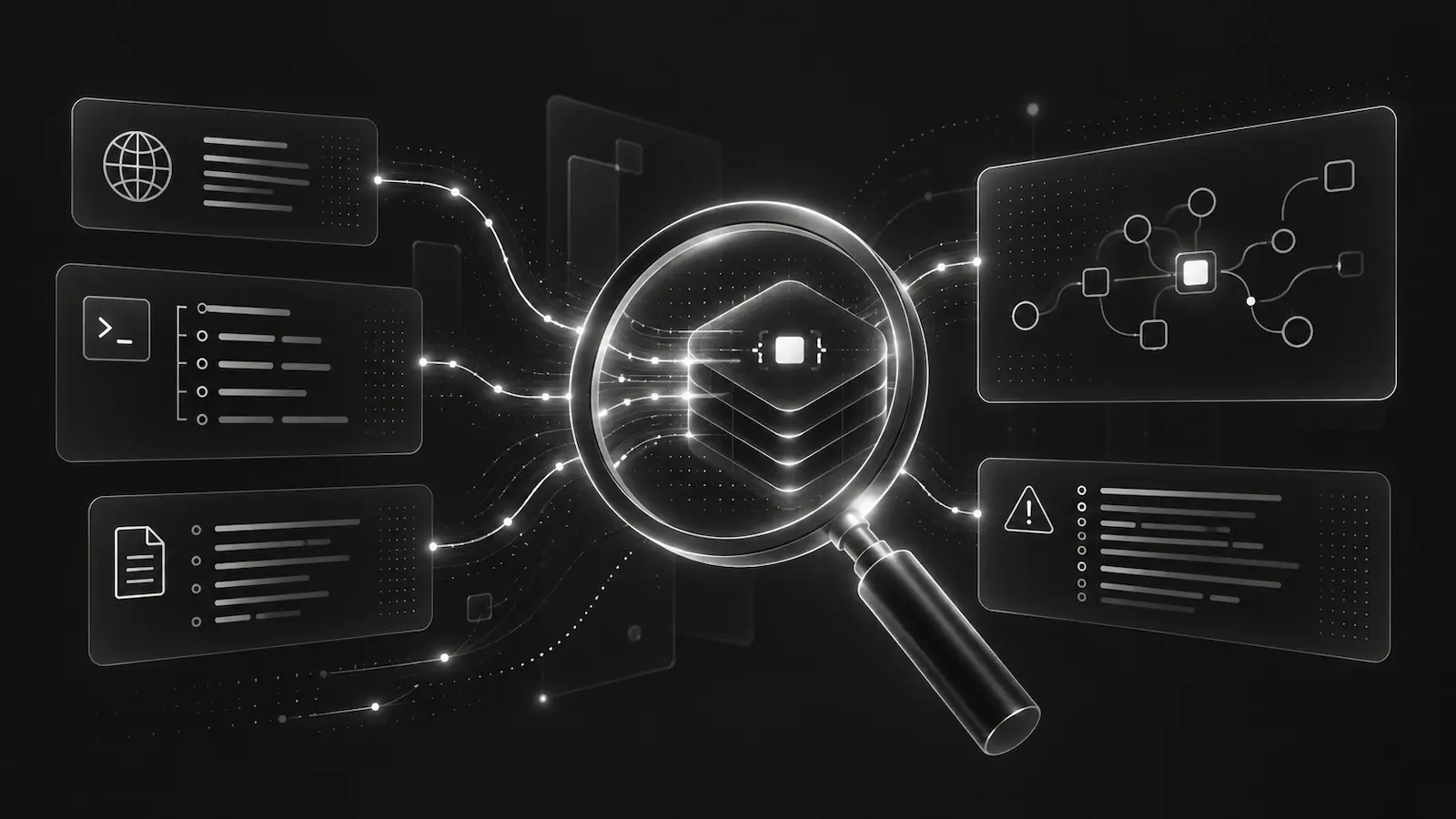 A magnifying glass inspecting a debug bundle alongside web requests, terminal output, documents, and alerts