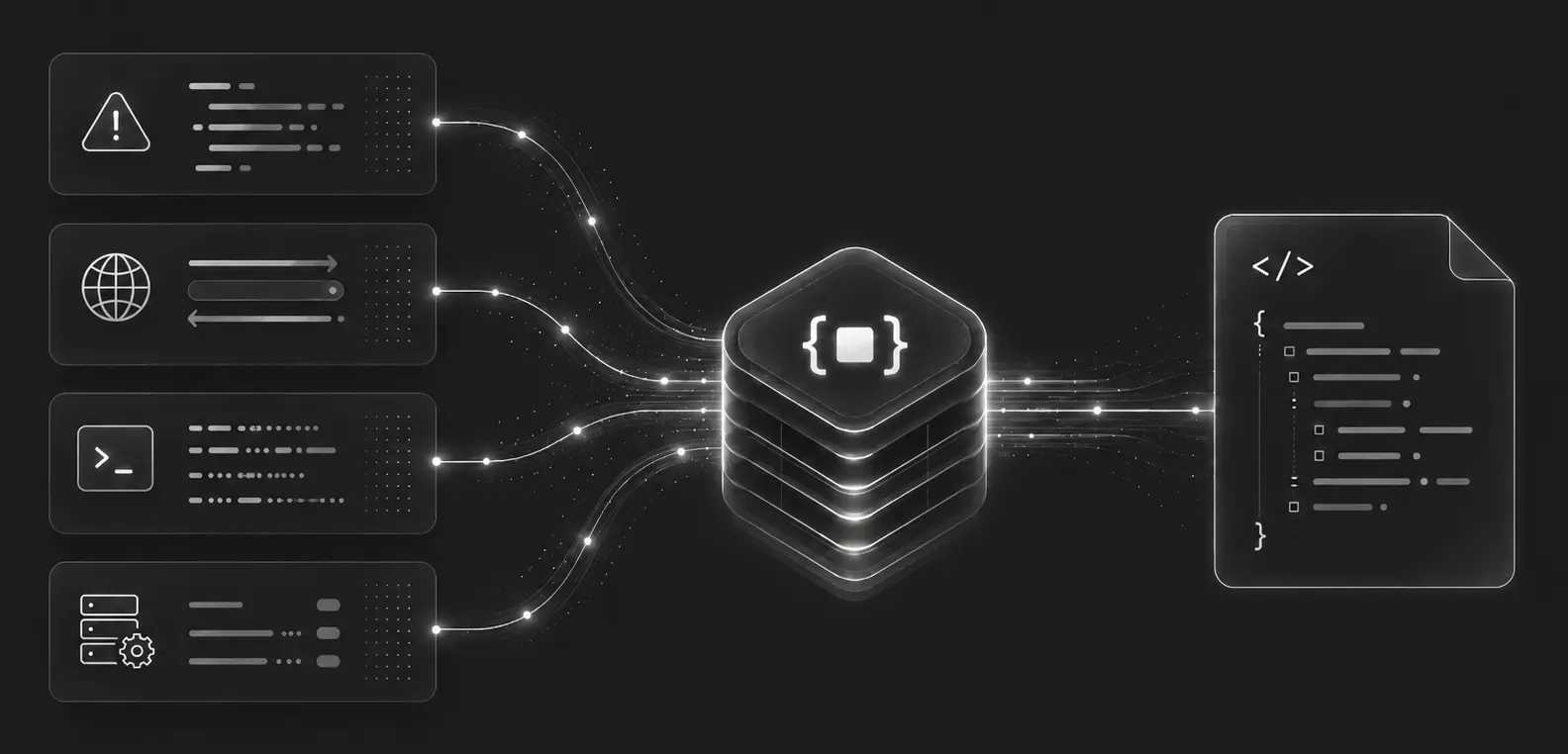 Errors, requests, logs, and runtime context converge into a single JSON debug bundle.